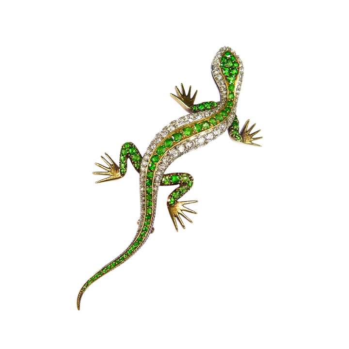 Large 19th century demantoid garnet and diamond lizard brooch, possibly French